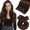 Moresoo Medium Brown Clip in Hair Extensions Remy Human Hair Brown Hair Extensions Clip ins Straight Double Weft for Wedding 80g/5pcs 18 inch