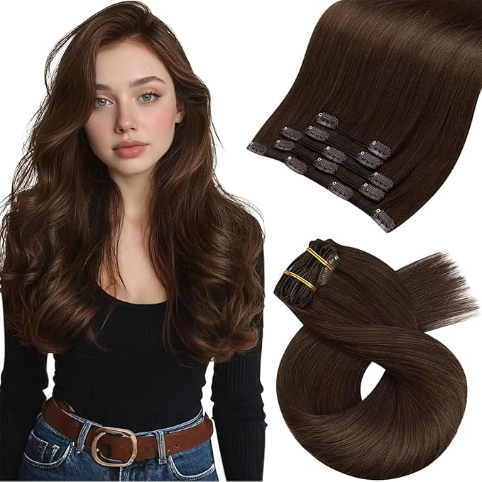Moresoo Clip in Hair Extensions Real Human Hair Medium Brown Hair Extensions Clip ins Medium Brown Double Weft for Women Long to Add Length 80g/5pcs 20 inch Daily