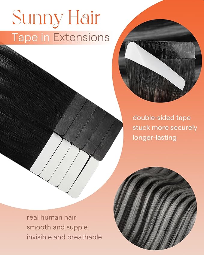 Sunny Hair Tape in Hair Extensions Real Human Hair Invisible Remy Hair Extensions Tape ins for Women Ombre Natural Black Root to Sliver Grey 22 inch 25G
