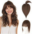 Hairro Mono Hair Toppers with Bangs, 3.4" x 3.4" Mono Base 100% Real Human Hairpieces for Women, 150% Density Clips In Topper for Greyish Thinning Hair, 10 Inch Dark Brown