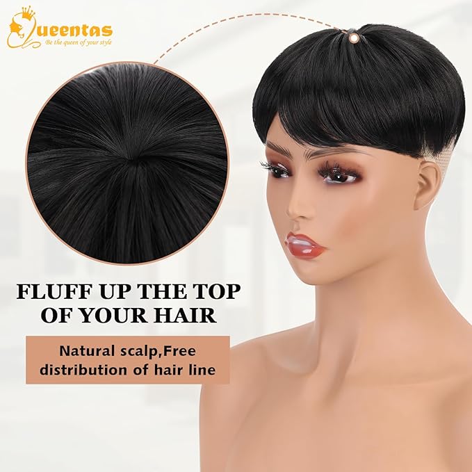 QUEENTAS Black Short Hair Toppers for Women with Thinning Hair 360°3D Cover with 3 Clips Hair Pieces Wispy Bangs 5.5"*5.5" Large Coverage(Natural Black/1B)