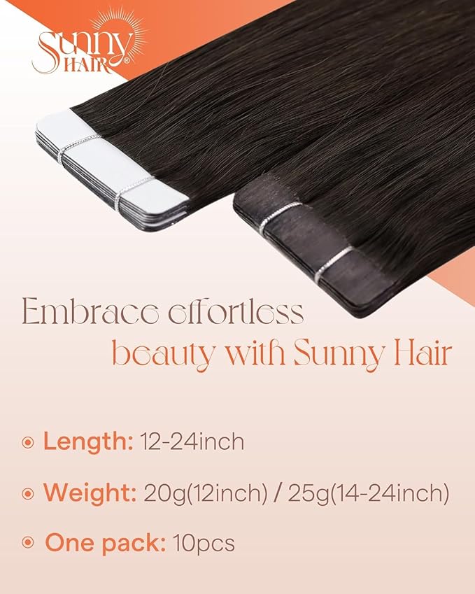 Sunny Hair Tape in Hair Extensions Real Human Hair Invisible Remy Hair Extensions Tape ins for Women Darkest Brown 16 inch 25G