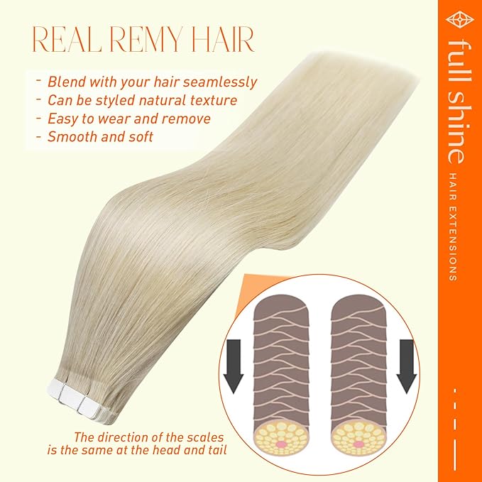 Full Shine Tape in Extensions Color 60 Platinum Blonde Tape in Hair Extensions Human Hair 16 Inch Invisible Tape in Hair Extensions Human Hair Skin Weft Hair Extensions Tape in 50G 20 Pcs Remy Hair