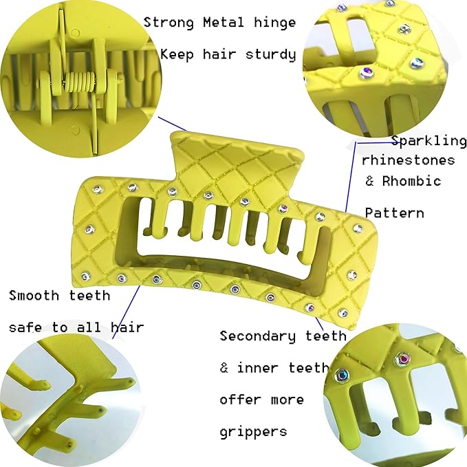 Bling bling Rhinestones Square Hair Clips Double Row Teeth,2 Rows Teeth Rectangle Hair Claw Clips with Shiny Rhinestones,Women Girls Sparkly Thick Hair Accessories Set (cream beige grey)