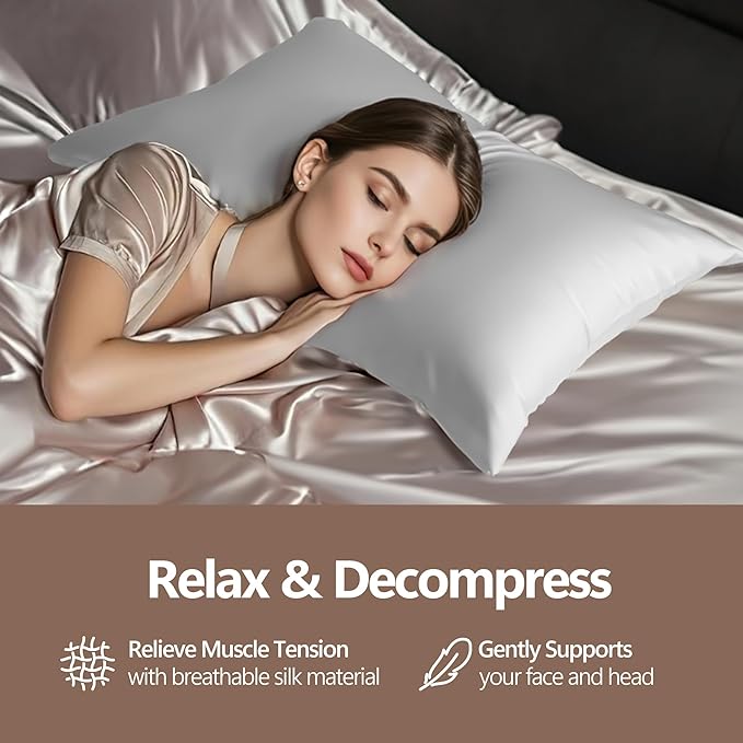 Set of 2 100% Silk Pillow Cases Queen - 6A Luxury Mulberry Silk Pillowcase for Hair and Skin - Anti-Wrinkle, Cooling & Smooth, Hidden Zipper - Pillowcases for Sleeping Women Girl, Boy, White