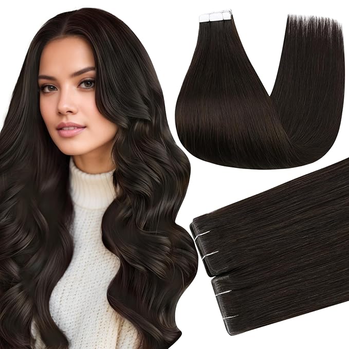 Full Shine Brown Insert Human Hair Tape in Extensions Injected Tape in Hair Extensions Color 2 Dark Brown Soft Long Extension 22Inch Seamless Skin Weft for Women Add Length 50Gram 20Pcs