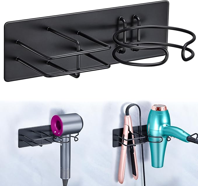 Hair Dryer and Straightener Holder Wall Mounted, Self Adhesive Blow Dryer and Flat Iron Storage Hair Tool Organizer for Bathroom Vanity (Black)
