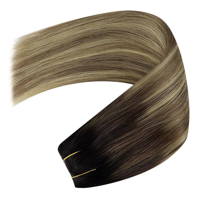 YoungSee Wire Hair Extensions Real Human Hair Balayage Invisible Wire Hair Extensions with Extra Clips Dark Brown Ombre Medium Brown with Blonde One Pieces Hair Extension 18In 80G
