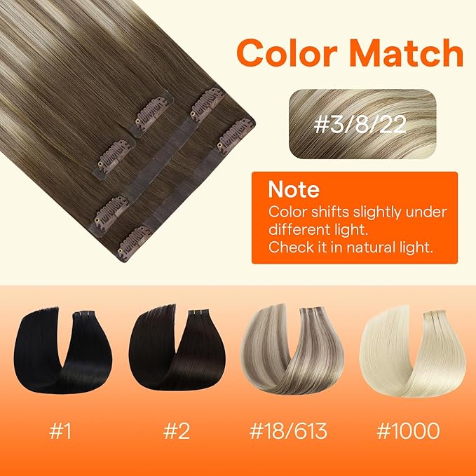 Full Shine Seamless Clip in Hair Extensions Real Human Hair, Darker Brown to Ash Brown Highlight Medium Blonde PU Weft Seamless Hair Extensions Clip in for Thin Hair, 4Pcs 12Inch 55 grams