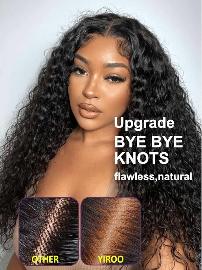 YIROO Bye Bye Knots Glueless Water Wave and Jerry Curly Drawstring Wig Human Hair, 7x5 Pre Cut Lace Front Glueless Wigs Pre Bleached Pre Plucked Wear and Go Wig for Women 150% Density 16Inch