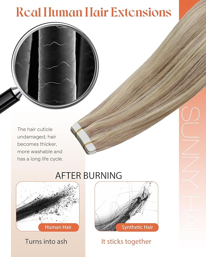 Sunny Hair Blonde Tape in Hair Extensions Human Hair Ash Blonde Highlight Bleach Blonde Hair Extensions Tape in 20 Inch Remy Tape in Txtensions for Women Wedding 20Pcs 50g