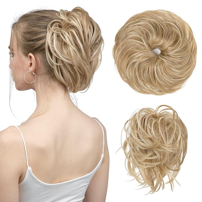 SARLA Messy Hair Bun Hair Pieces Curly Synthetic Updo Fake Scrunchies Ponytail Extension for Women Dirty Blonde 1PCS