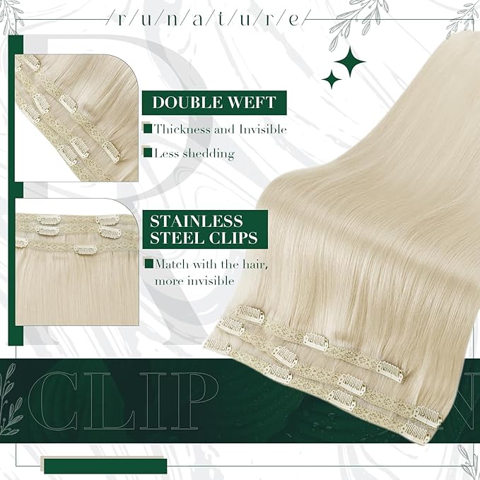 RUNATURE Real Human Hair Clip in Extensions Blonde, Clip in Hair Extensions Remy Human Hair, Double Weft Hair Extensions Clip Ins, Tangle Free Hair For Women, 16 Inch 50g 3pcs, #800 Platinum Blonde