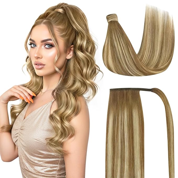 Ve Sunny Hair Extensions Ponytail Real Human Hair Wrap Around Clip in Ponytail Hair Extensions Straight Extensions Human Hair for Women Chestnut Brown Ombre Platinum Blonde Balayage 22inch 80G
