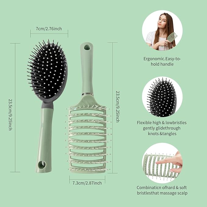 2 Pack-Air Cushion Comb Brush and Curved Vented Hair Brush,Hair brush with Effortless Tangle Removal,For Wet Dry Damaged Curly Hair for Women Men Boys Girls Kids.