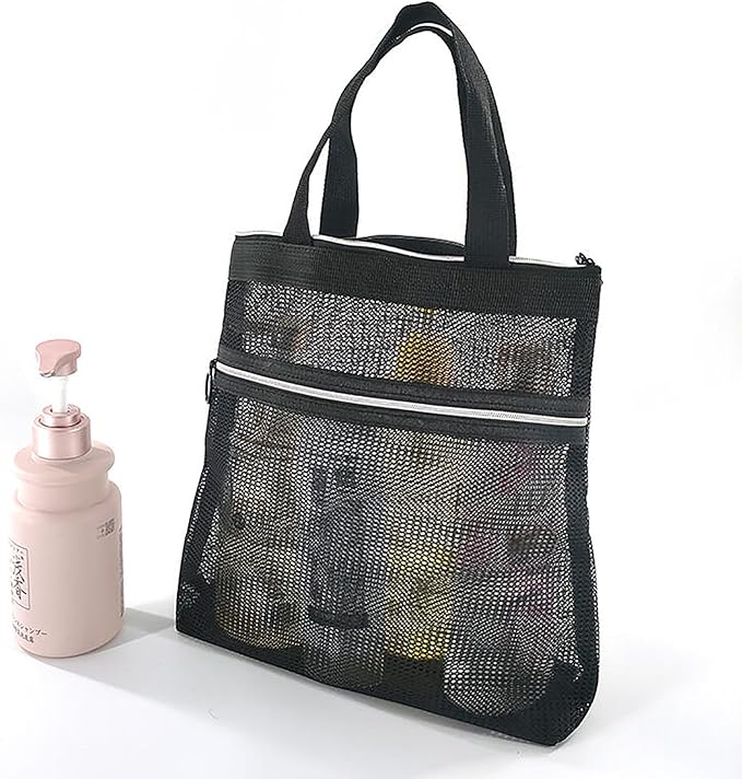 Mesh Shower Caddy Portable Quick Dry Tote Bag with Zipper & 2 Pockets, Large Caddy Mesh Shower Organizer for College Dorm, Swimming, Gym, Beach, Travel Essentials (Black)