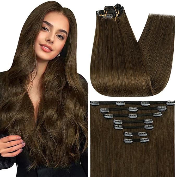 Full Shine Brunette Hair Extensions Clip ins 10 Inch Clip in Hair Extensions Golden Brown 7 Pcs 95 G