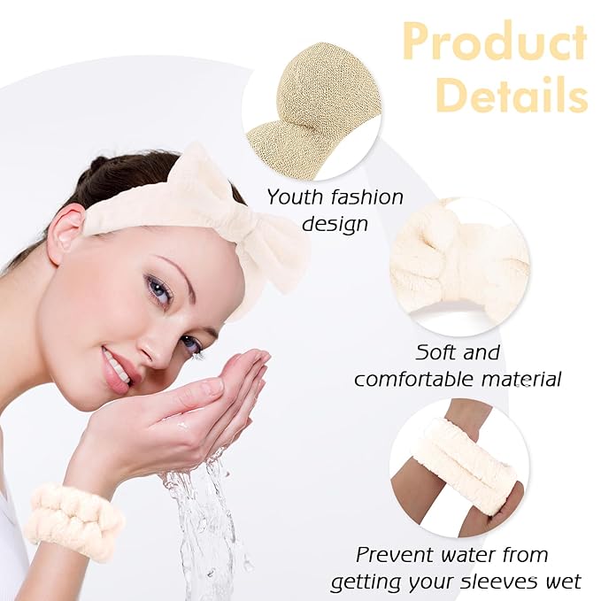 Zkptops 6Pcs Spa Headband for Washing Face Wristbands Set Women Bubble Skincare Makeup Sponge Terry Cloth Padded Puffy Headband Bow Tie Hairband Cute Non Slip Thick Hair Accessory Gifts (Brown)