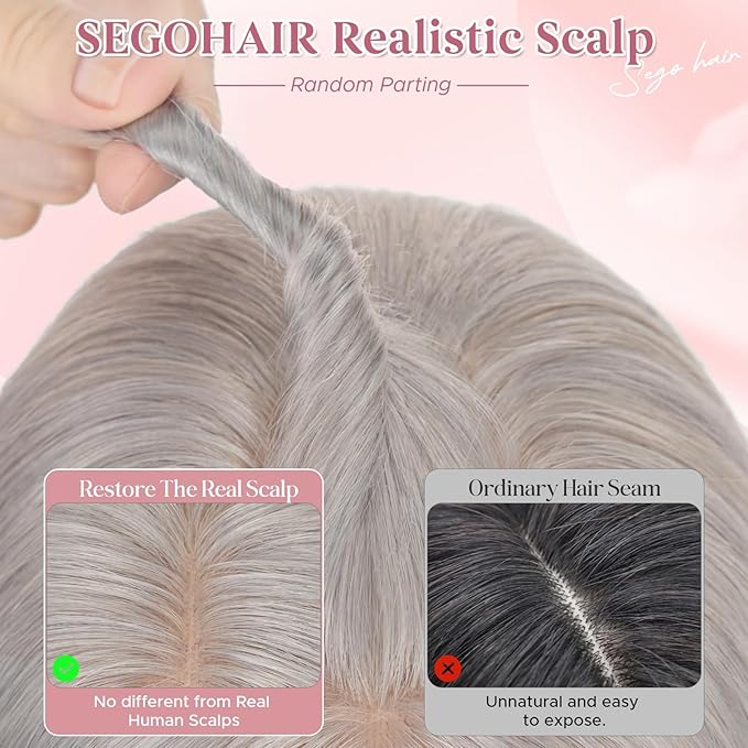 Real Human Hair Toppers for Women 3.54"*4.72" Silky Base 150% Density No Bangs Adjustable Parting Clip-In Topper Hairpieces for Women with Thinning Hair 12 Inches Silver Grey