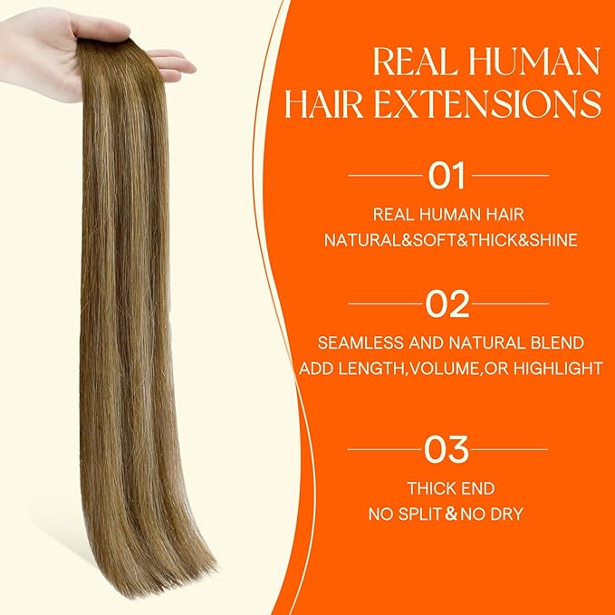 Full Shine Injection Tape in Hair Extensions Color 4/24/4 Brown Fading to Blonde and Brown 16 Inch Invisible Skin Weft 40G 20 Pcs Machine Remy Seamless Tape in Hair Extensions Add Volume