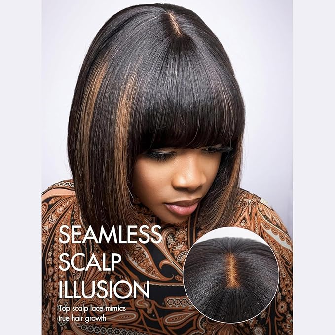 Bob Wig with Bangs Human Hair Glueless HD Lace Straight Short Bob Wig with Brown Highlights, Ready to Go Short Wigs For Women （12 Inch bob wig）