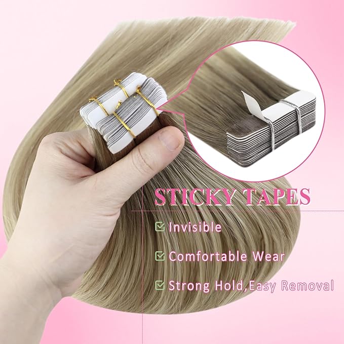 YoungSee Invisible Tape in Hair Extensions Ombre Blonde Tape in Hair Extensions Ash Blonde Ombre Platinum Blonde Tape-in Extension Real Human Hair 12 Inch 30g Balayage Tape-on Hair Extension 20pcs