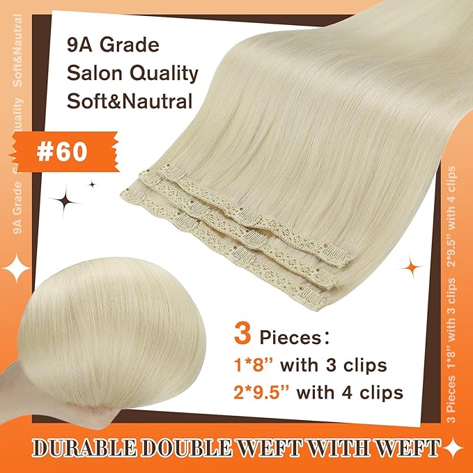 Full Shine Hair Extensions Clip in 14 Inch Hair Clip in Extensions Invisible Platinum Blonde Human Hair Short Extensions for Women Softness with Lace Weft 3 PCS 60 G