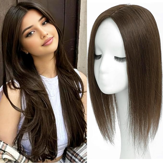 Hair Toppers for Women Real Human Hair, 360° 3D Human with Thinning Upgrade Middle Part Clip in Bangs Topper Hair Pieces for Women Daily (Mocha Brown, 16 Inch)