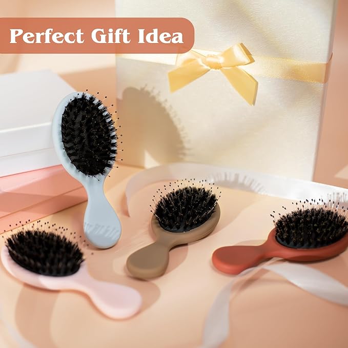 Mini Boar Bristle Hair Brush - Boar & Nylon Bristle Small Brush for Women Kids Long Short Hair to Smooth Add Shine - Travel Size Hair Brush for Purse,Pocket - Pink