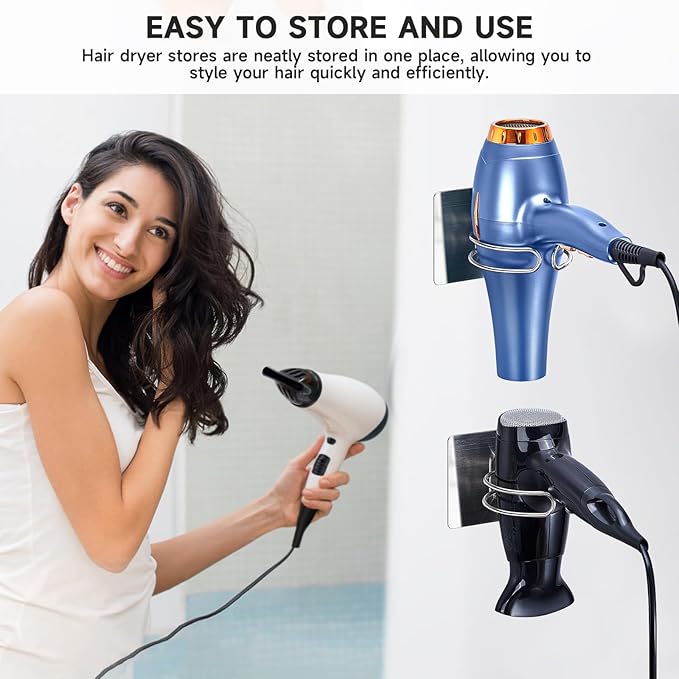 Hair Dryer Holder Wall Mounted, Hairdryer Holder for Bathroom, Blow Dryer Holder, Hair Tool Organizer for Hair Dryer Hanger Storage, Adhesive Blow Dryer Organizer (Silver)