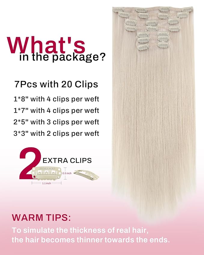 Moresoo Clip in Hair Extensions Remy Double Weft Human Hair Clip in Extensions Straight Hair Extensions for Women White Blonde #60A 7pcs 135g 18inch