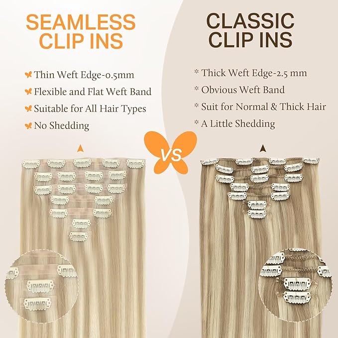 DOORES Seamless Clip in Hair Extensions, Dark Blonde Highlighted Bleach Blonde 110g 20 Inch 7pcs, Straight Remy Hair Extensions with Invisi Edge