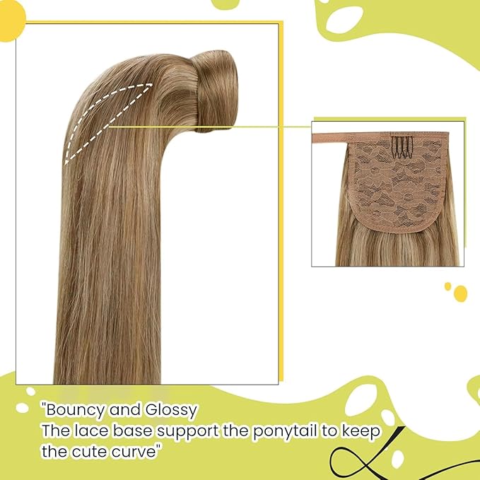 RUNATURE Human Hair Ponytail, Clip in Ponytail Extension Human Hair Wrap Around, Straight Long Ponytail Hair Extensions for Women, 20 Inch 80g #10P16 Caramel Blonde Highlight