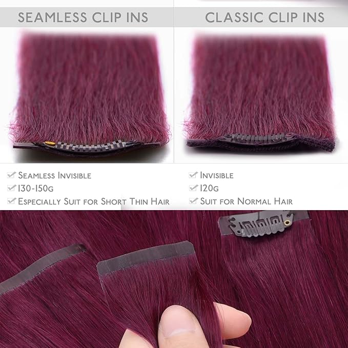 WENNALIFE Seamless Clip In Hair Extensions Human Hair, 24 Inch 160g 7pcs Light Burgundy Real Hair Extensions Clip in Human Hair Invisible PU Skin Weft Natural Remy Human Hair Extensions