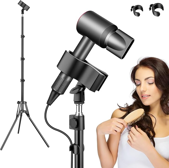 Hair Dryer Stand Hands Free, 20-63 Inch Adjustable Hair Dryer Holder with Tripod & Universal Clip, Blow Dryer Stand for Bathroom Salon Home, Perfect for Long Hair & Stylists