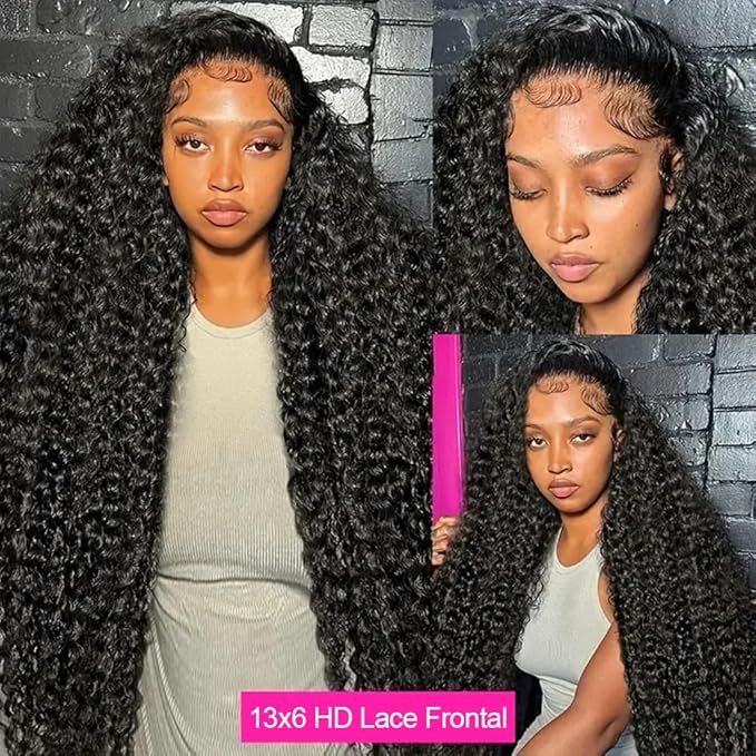 36 Inch Deep Wave Lace Front Wigs Human Hair 250% Density 13x6 HD Transparent Lace Frontal Wigs Human Hair Curly Wigs for Women Pre Plucked with Baby Hair Natural Color