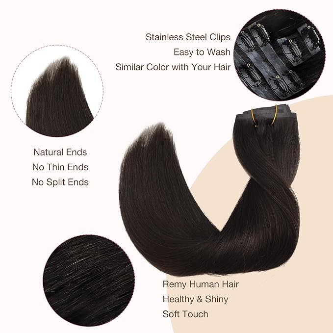 GOO GOO Clip in Hair Extensions Real Human Hair, Remy Human Hair Extensions Clip ins for Women, Natural Human Hair, 20inch 110g 7Pcs, 2 Dark Brown