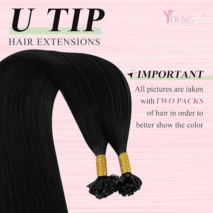 YoungSee U Tip Hair Extensions Black 24 Inch Utip Hair Extensions Human Hair Jet Black U Tips Hair Extension Real Human Hair Keratin Fusion Hair Extension for Long Hair 1g/s 50 Strands