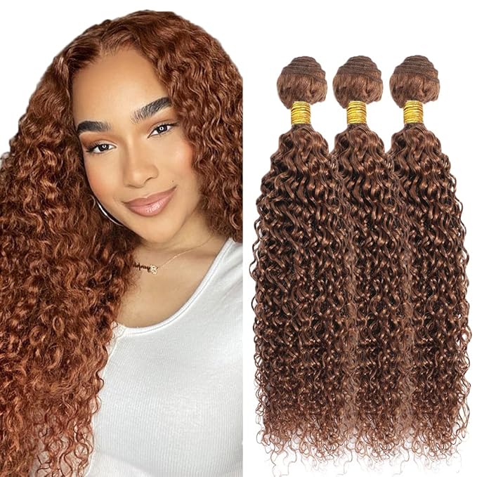 28 30 32 Inch Color #30 Human Hair Bundles Light Brown Water Wave Bundle Niegmeag Brazilian Virgin Soft and Silky Remy Hair Extensions Color #30 Wet and Wavy Bundle