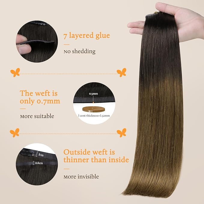 DOORES Seamless Clip-in Hair Extensions, Chocolate Dip Color Melt 110g 7pcs 18 Inch, Invisi Edge Remy Natural Straight Hair