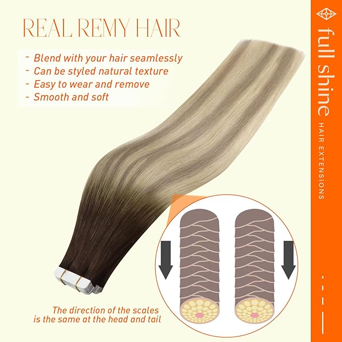 Full Shine 22 Inch Tape in Hair Extensions Color 2 Darkest Brown Fading to 18 Ash Blonde and 60 Platinum Blonde Invisible Tape in Human Hair Extensions 50G 20Pcs for Women Add Length