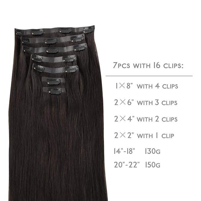 WENNALIFE Seamless Clip In Hair Extensions, 18 Inch 130g 7pcs Dark Brown Hair Extensions Clip in Human Hair Invisible PU Skin Weft Natural Remy Human Hair Extensions