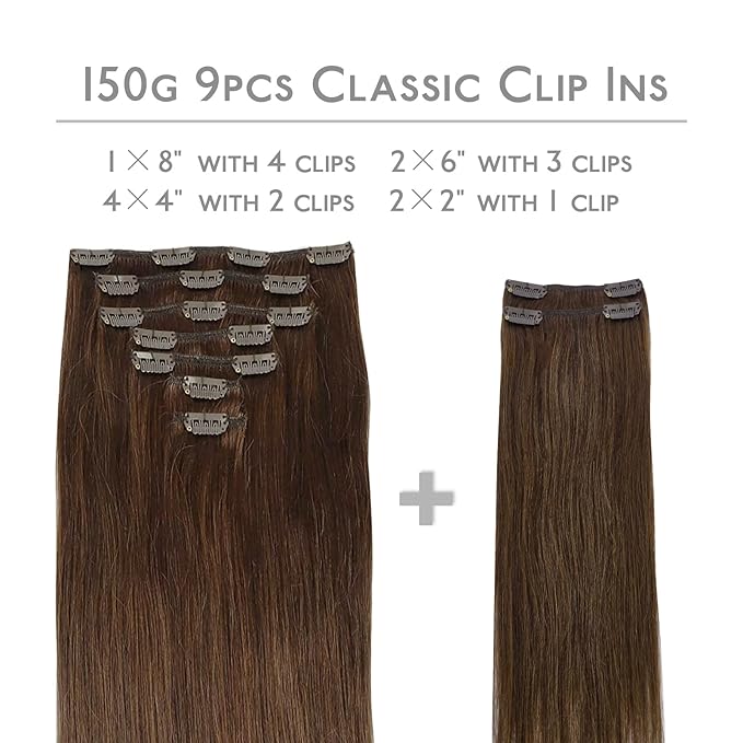 WENNALIFE Clip in Hair Extensions, 150g 20 Inch 9pcs Chocolate Brown Human Hair Extensions Thicker Clip in Hair Extensions Real Human Hair Clip Set Double Weft