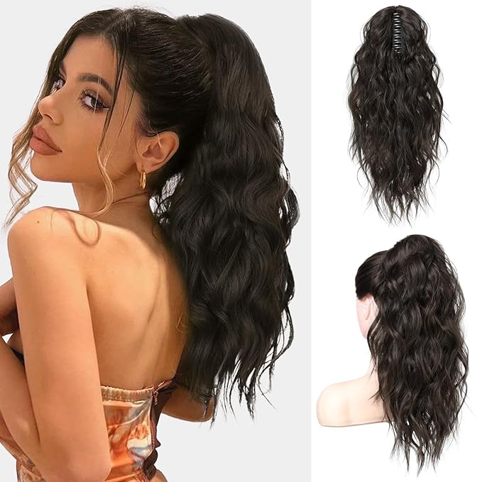 FLUFYMOOZ Ponytail Extension, 18 Inch Claw Clip Ponytail Extension, Wavy Curly Claw Clip in Ponytail Hair Extensions, Natural Fake Ponytail Synthetic Hairpiece for Women (Black Brown)