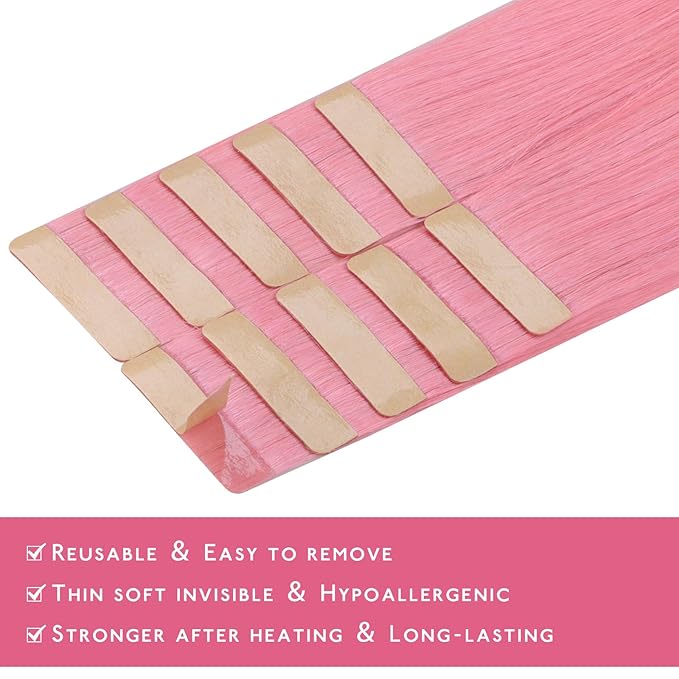 Wennalife Tape in Hair Extensions Human Hair Peach Pink Tape in Extensions, 10pcs 25g 16 inch Remy Invisible Tape Ins Straight Colored Soft Real Human Hair Tape in Extensions Refill Set Extensions