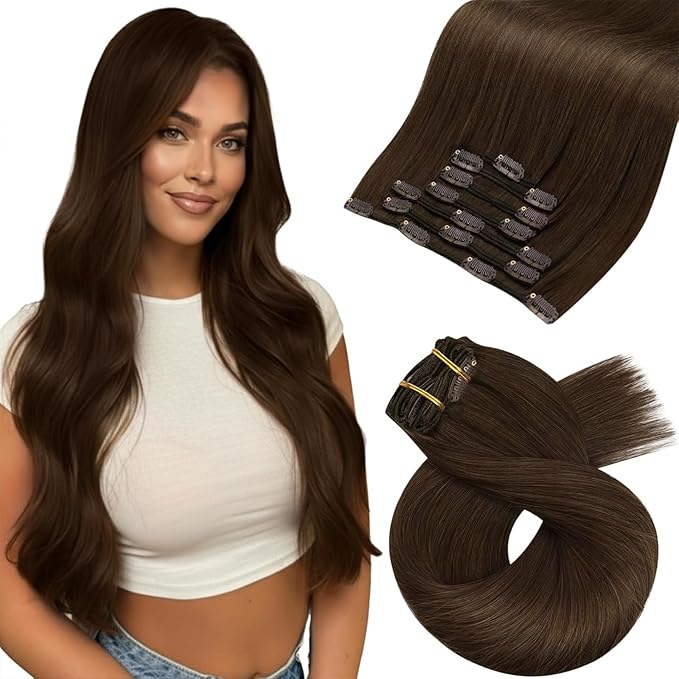 Moresoo Medium Brown Clip in Hair Extension Double Weft Real Hair Extensions Clip in Human Hair Brown Full Head Set #4 7pcs 120G 20 Inch
