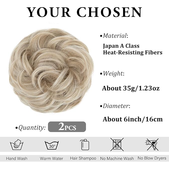 SARLA 2PCS Messy Hair Bun Hair Pieces Wavy Curly Synthetic Updo Fake Scrunchies Ponytail Extension for Women Ivory Grey