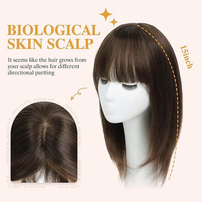 YAMI Hair Toppers for Women Real Human Hair Topper with Bangs Skin Scalp Hairpieces for Women with Thinning Hair Cover Hairloss (Medium Brown,15inch)