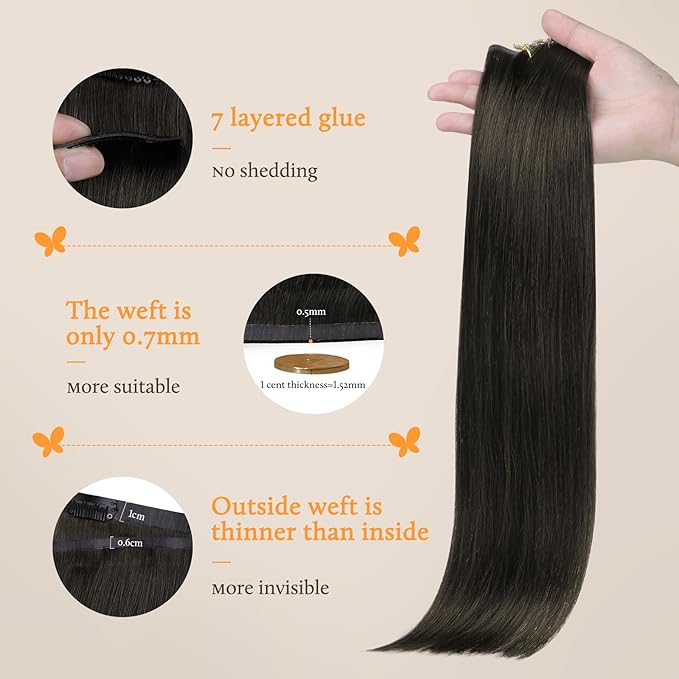DOORES Seamless Clip in Hair Extensions, Mocha Brown 18 Inch 130g 7pcs, Human Hair Extensions Clip in Remy Human Hair Extensions Straight Thick Natural Hair Invisi Edge Hair Extensions