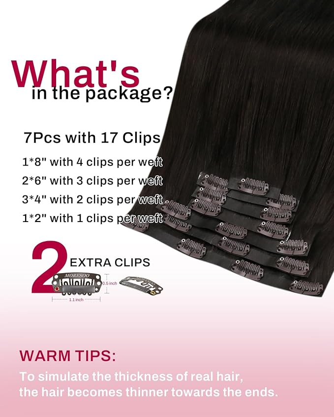 Moresoo Seamless Clip in Hair Extensions Human Hair Dark Brown Hair Extensions Clip in Real Human Hair Dark Brown Pu Weft invisible for Women Thick And Long for Daily 135g/7pcs 18 inch